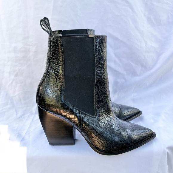 ALL SAINTS | RIA CROC EMBOSSED CHELSEA HEELED BOOT IN BLACK LEATHER SIZE 10 - Picture 8 of 9